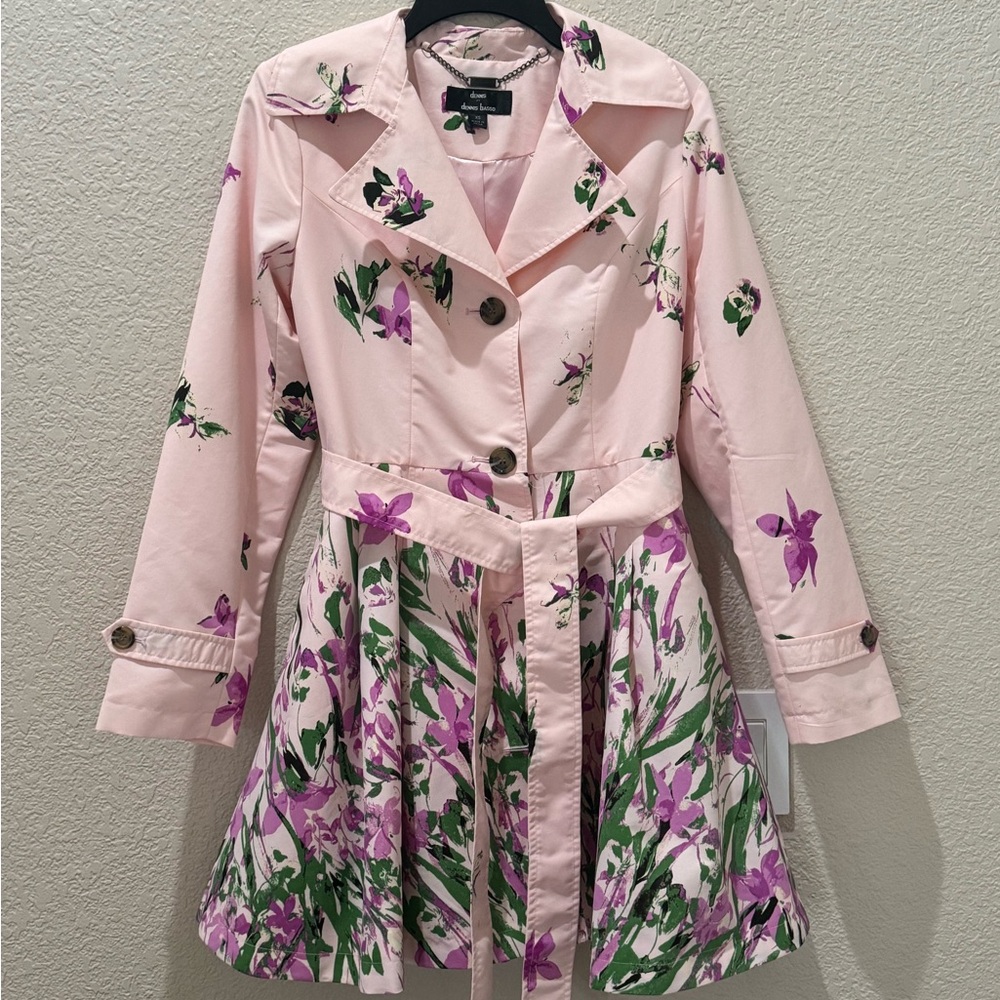 Dennis Basso Pink and Green Floral Trench Coat